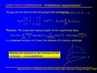 LOSSY DATA COMPRESSION – Probabilistic Segmentation?

Assign the ith point to the jth group with probability




Theorem. The expected coding length of the segmented data



is a concave function in Π over the domain of a convex polytope.




   Minima are reached at the vertexes of the
   polytope -- no probabilistic
   segmentation!



         Segmentation of Multivariate Mixed Data, [Ma-Derksen-Hong-Wright, PAMI’
 