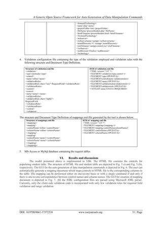 A Generic Open Source Framework for Auto Generation of Data Manipulation Commands
DOI: 10.9790/0661-17372538 www.iosrjournals.org 31 | Page
<frontendTechnology>
<name>php</name>
<projectFolder>test</projectFolder>
<fileName>processStudent.php</fileName>
<htmlFilename>processStudent.html</htmlFilename>
</frontendTechnology>
<webserver>
<webservername>xampp</webservername>
<installDirectory>C:xampp</installDirectory>
<exeFilename>xampp-control.exe</exeFilename>
</webserver>
<webbrowser>Firefox</webbrowser>
</technology>
4. Validation configuration file containing the type of the validation employed and validation rules with the
following structure and Document Type Definition.
Structure of validation.xml file
<validation>
<type>clientside</type>
<control>
<name>rollno</name>
<validationRules>
<validationRule chars="any">RequiredField</validationRule>
</validationRules>
</control>
<control>
<name>name1</name>
<validationRules>
<validationRule chars="alpha">
RequiredField
</validationRule>
</validationRules>
</control>
</validation>
DTD of validation.xml file
<?XML version=”1.0” ?>
<!ELEMENT validation (type control+)>
<!ELEMENT type (#PCDATA)>
<!ELEMENTcontrol(name validationrules)>
<!ELEMENT name (#PCDATA)>
<!ELEMENTvalidationrules(validationrule+)>
<!ELEMENTvalidationrule (#PCDATA)>
<!ATTLIST name CDATA #REQUIRED>
The structure and Document Type Definition of mappings.xml file generated by the tool is shown below:
Structure of mappings.xml file
<mappings>
<mapping>
<controlName>rollno</controlName>
<columnName>rollno</columnName>
</mapping>
<mapping>
<controlName>name1</controlName>
<columnName>name1</columnName>
</mapping>
</mappings>
DTD of mapping.xml file
<?XML version=”1.0” ?>
<!ELEMENT mappings (mapping+)>
<!ELEMENT mapping (conrolNamecolumnName)>
<!ELEMENT controlName (#PCDATA)>
<!ELEMENT columnName (#PCDATA)>
5. MS-Access or MySql database containing the requisit tables.
VI. Results and discussions
The model presented above is implemented in VB6. The HTML file contains the controls for
populating student table. The structure of HTML file and student table are depicted in Fig. 5 a) and Fig. 5 (b),
respectively. The GUI for the auto generation of data manipulation commands is depicted in Fig. 6. The user can
automatically generate a mapping document which maps controls in HTML file to the corresponding columns in
the table. The mapping can be performed either on one-to-one basis or with a single command if and only if
there is one-to-one correspondence between control names and column names. The GUI for creation of mapping
document is depicted in Fig. 7. All the XML configuration files are parsed using Microsoft XML parser.
Currently, only the client-side validation code is incorporated with only few validation rules for required field
validation and range validation.
 