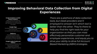 Improving Behavioral Data Collection from Digital
Experiences
There are a plethora of data collection
tools, but DaaS providers aren’t
employed to answer isn’t which tool is
better than the other. They’re there to
help you ﬁnd the right tools for your
organization so that you can most
effectively personalize customer and
employee experiences, and equip you to
drive your ability to drive full Account
Based Marketing (ABM) strategies.
Google Analytics 4 and/or
Adobe Analytics:
Offers advanced tracking
capabilities and insights into
user behavior across websites
and apps.
Google Tags:
Facilitates streamlined tagging
and tracking for
comprehensive data collection.
BigQuery:
Provides powerful data
warehousing and analytics,
allowing for efﬁcient storage
and querying of large datasets.
Google Looker Studio and
Tableau:
Allows teams to visualize data
and contextualize the
takeaways to provide
meaningful insights to teams.
 