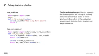 CONFIDENTIAL. Copyright © 32
5th : Debug, test data pipeline
from dagster import asset
@asset
def my_first_asset(context):
context.log.info("This is my first asset")
return 1
from dagster import materialize, build_op_context
def test_my_first_asset():
result = materialize(assets=[my_first_asset])
assert result.success
context = build_op_context()
assert my_first_asset(context) == 1
my_assets.py
test_my_assets.py
Testing and development: Dagster supports
local development and testing by enabling
execution of individual assets or entire
pipelines independent of the production
environment, fostering faster iteration and
experimentation.
 