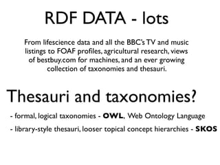 RDF DATA - lots
    From lifescience data and all the BBC’s TV and music
    listings to FOAF proﬁles, agricultural research, views
      of bestbuy.com for machines, and an ever growing
             collection of taxonomies and thesauri.



Thesauri and taxonomies?
- formal, logical taxonomies - OWL, Web Ontology Language
- library-style thesauri, looser topical concept hierarchies - SKOS
 