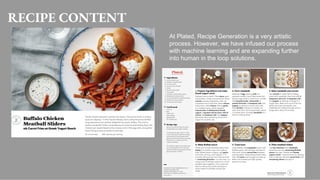 RECIPE CONTENT
At Plated, Recipe Generation is a very artistic
process. However, we have infused our process
with machine learning and are expanding further
into human in the loop solutions.
 