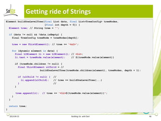 Getting ride of Strings
Element buildOneLevelTree(final List data, final List<TreeConfig> treeNodes,
                          [final int depth = 0]) {
  Element tree; // String tree = '';

    if (data != null && !data.isEmpty) {
      final TreeConfig treeNode = treeNodes[depth];

        tree = new UListElement(); // tree += '<ul>';

        for (dynamic element in data) {
          final LIElement li = new LIElement(); // <li>;
          li.text = treeNode.value(element);    // ${treeNode.value(element)}

            if (treeNode.children != null) {
              final UListElement ulChild = //
                             buildOneLevelTree(treeNode.children(element), treeNodes, depth + 1);

                if (ulChild != null) {   //
                  li.append(ulChild);    // tree += buildOneLevelTree(...)
                }                        //
            }

            tree.append(li);    // tree += '<li>${treeNode.value(element)}';
        }
    }

    return tree;
}

    2013-04-15                                       Building UIs with Dart                         46
 