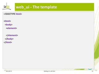 web_ui - The template
<!DOCTYPE html>

<html>
 <body>
  <element>

  </element>
 </body>
</html>




 2013-04-15                 Building UIs with Dart   52
 