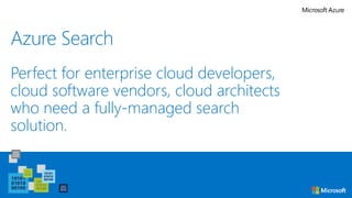 Azure Search
Perfect for enterprise cloud developers,
cloud software vendors, cloud architects
who need a fully-managed search
solution.
 