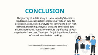 The journey of a data analyst is vital in today’s business
landscape. As organizations increasingly rely on data for
decision-making, skilled analysts will continue to be in high
demand. By honing analytical skills and embracing data-
driven approaches, you can contribute significantly to your
organization’s success. Thank you for joining this exploration
of data-driven decision making.
CONCLUSION
https://www.excelr.com/data-analyst-course-training
Call Us 18002122121
 