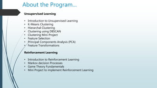 About the Program…
Unsupervised Learning
• Introduction to Unsupervised Learning
• K-Means Clustering
• Hierarchal Clustering
• Clustering using DBSCAN
• Clustering Mini-Project
• Feature Selection
• Principal Components Analysis (PCA)
• Feature Transformations
Reinforcement Learning
• Introduction to Reinforcement Learning
• Markov decision Processes
• Game Theory Fundamentals
• Mini Project to implement Reinforcement Learning
 
