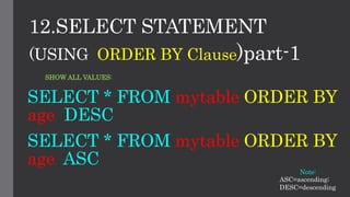 12.SELECT STATEMENT
SELECT * FROM mytable ORDER BY
age DESC
(USING ORDER BY Clause)part-1
SHOW ALL VALUES:
SELECT * FROM mytable ORDER BY
age ASC
ASC=ascending;
DESC=descending
Note:
 