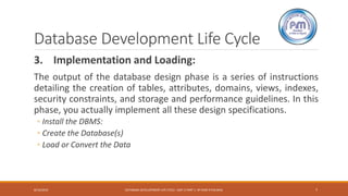 Database Development Life Cycle
3. Implementation and Loading:
The output of the database design phase is a series of instructions
detailing the creation of tables, attributes, domains, views, indexes,
security constraints, and storage and performance guidelines. In this
phase, you actually implement all these design specifications.
◦ Install the DBMS:
◦ Create the Database(s)
◦ Load or Convert the Data
8/14/2019 DATABASE DEVELOPMENT LIFE CYCLE -UNIT 2 PART 1- BY RAM K PALIWAL 7
 