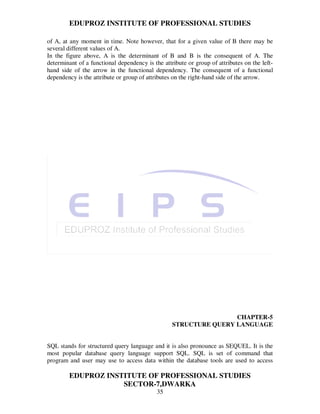 EDUPROZ INSTITUTE OF PROFESSIONAL STUDIES

of A, at any moment in time. Note however, that for a given value of B there may be
several different values of A.
In the figure above, A is the determinant of B and B is the consequent of A. The
determinant of a functional dependency is the attribute or group of attributes on the left-
hand side of the arrow in the functional dependency. The consequent of a functional
dependency is the attribute or group of attributes on the right-hand side of the arrow.




                                                                  CHAPTER-5
                                                  STRUCTURE QUERY LANGUAGE


SQL stands for structured query language and it is also pronounce as SEQUEL. It is the
most popular database query language support SQL. SQL is set of command that
program and user may use to access data within the database tools are used to access

        EDUPROZ INSTITUTE OF PROFESSIONAL STUDIES
                    SECTOR-7,DWARKA
                                            35
 