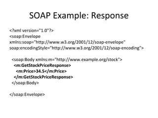 SOAP Example: Response <?xml version=&quot;1.0&quot;?> <soap:Envelope xmlns:soap=&quot;http://www.w3.org/2001/12/soap-envelope&quot; soap:encodingStyle=&quot;http://www.w3.org/2001/12/soap-encoding&quot;> <soap:Body xmlns:m=&quot;http://www.example.org/stock&quot;> <m:GetStockPriceResponse> <m:Price>34.5</m:Price> </m:GetStockPriceResponse> </soap:Body> </soap:Envelope> 