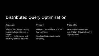 Distributed Query Optimization
Approach
Spreads data and processing
across multiple machines or
servers.
Improves performance and
reliability for huge datasets.
Systems
Google F1 and CockroachDB are
key examples.
Handles global, massive data
efficiently.
Trade-offs
Network overhead causes
coordination delays not seen in
single systems.
 