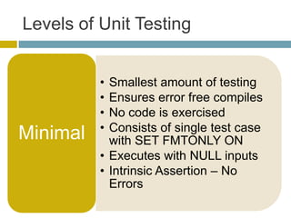 Levels of Unit Testing


          • Smallest amount of testing
          • Ensures error free compiles
          • No code is exercised
          • Consists of single test case
Minimal     with SET FMTONLY ON
          • Executes with NULL inputs
          • Intrinsic Assertion – No
            Errors
 