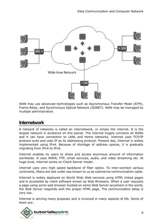 Data Communication and Computer Network
6
WAN may use advanced technologies such as Asynchronous Transfer Mode (ATM),
Frame Relay, and Synchronous Optical Network (SONET). WAN may be managed by
multiple administration.
Internetwork
A network of networks is called an internetwork, or simply the internet. It is the
largest network in existence on this planet. The internet hugely connects all WANs
and it can have connection to LANs and Home networks. Internet uses TCP/IP
protocol suite and uses IP as its addressing protocol. Present day, Internet is widely
implemented using IPv4. Because of shortage of address spaces, it is gradually
migrating from IPv4 to IPv6.
Internet enables its users to share and access enormous amount of information
worldwide. It uses WWW, FTP, email services, audio, and video streaming etc. At
huge level, internet works on Client-Server model.
Internet uses very high speed backbone of fiber optics. To inter-connect various
continents, fibers are laid under sea known to us as submarine communication cable.
Internet is widely deployed on World Wide Web services using HTML linked pages
and is accessible by client software known as Web Browsers. When a user requests
a page using some web browser located on some Web Server anywhere in the world,
the Web Server responds with the proper HTML page. The communication delay is
very low.
Internet is serving many proposes and is involved in many aspects of life. Some of
them are:
 