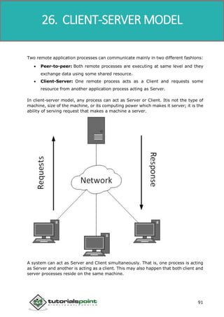 Data Communication and Computer Network
91
Two remote application processes can communicate mainly in two different fashions:
 Peer-to-peer: Both remote processes are executing at same level and they
exchange data using some shared resource.
 Client-Server: One remote process acts as a Client and requests some
resource from another application process acting as Server.
In client-server model, any process can act as Server or Client. Itis not the type of
machine, size of the machine, or its computing power which makes it server; it is the
ability of serving request that makes a machine a server.
A system can act as Server and Client simultaneously. That is, one process is acting
as Server and another is acting as a client. This may also happen that both client and
server processes reside on the same machine.
26. CLIENT-SERVER MODEL
 