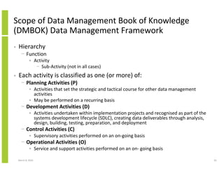 Scope of Data Management Book of Knowledge
(DMBOK) Data Management Framework
•   Hierarchy
      − Function
             • Activity
                − Sub-Activity (not in all cases)
•   Each activity is classified as one (or more) of:
      − Planning Activities (P)
             • Activities that set the strategic and tactical course for other data management
               activities
             • May be performed on a recurring basis
      − Development Activities (D)
             • Activities undertaken within implementation projects and recognised as part of the
               systems development lifecycle (SDLC), creating data deliverables through analysis,
               design, building, testing, preparation, and deployment
      − Control Activities (C)
             • Supervisory activities performed on an on-going basis
      − Operational Activities (O)
             • Service and support activities performed on an on- going basis

    March 8, 2010                                                                                   65
 