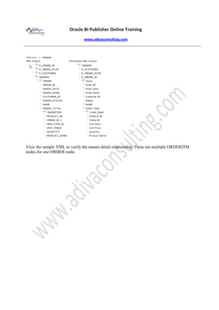 Oracle BI Publisher Online Training
www.adivaconsulting.com
View the sample XML to verify the master detail relationship. There are multiple ORDERITM
nodes for one ORDER node.
 
