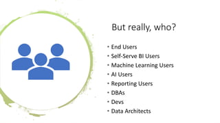 But really, who?
• End Users
• Self-Serve BI Users
• Machine Learning Users
• AI Users
• Reporting Users
• DBAs
• Devs
• Data Architects
 