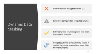 Dynamic Data
Masking
Cannot mask an encrypted column (AE)
Cannot be configured on computed column
But if computed column depends on a mask,
then mask is returned
Using SELECT INTO or INSERT INTO results in
masked data being inserted into target (also
for import/export)
50
 