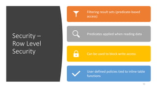 Security –
Row Level
Security
Filtering result sets (predicate-based
access)
Predicates applied when reading data
Can be used to block write access
User defined policies tied to inline table
functions
53
 