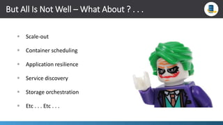  Scale-out
 Container scheduling
 Application resilience
 Service discovery
 Storage orchestration
 Etc . . . Etc . . .
But All Is Not Well – What About ? . . .
 