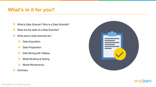 What’s in it for you?
What is Data Science? Who is a Data Scientist?
What are the skills of a Data Scientist?
What does a Data Scientist do?
Data Acquisition
Data Preparation
Data Mining with Tableau
Model Building & Testing
Model Maintenance
Summary
 