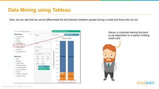 Hence, a customer leaving the bank
is not dependent on a person holding
credit card
Data Mining using Tableau
Here, we can see that we cannot differentiate the exit behavior between people having a credit and those who do not
 