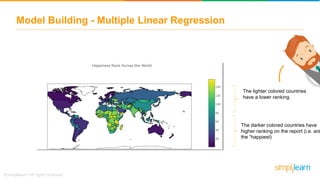 Model Building - Multiple Linear Regression
The lighter colored countries
have a lower ranking.
The darker colored countries have
higher ranking on the report (i.e. are
the “happiest)
 