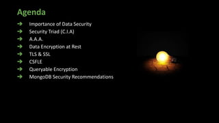 Agenda
➔ Importance of Data Security
➔ Security Triad (C.I.A)
➔ A.A.A.
➔ Data Encryption at Rest
➔ TLS & SSL
➔ CSFLE
➔ Queryable Encryption
➔ MongoDB Security Recommendations
 