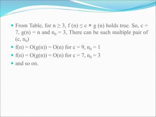  From Table, for n ≥ 3, f (n) ≤ c × g (n) holds true. So, c =
7, g(n) = n and n0 = 3, There can be such multiple pair of
(c, n0)
 f(n) = O(g(n)) = O(n) for c = 9, n0 = 1
 f(n) = O(g(n)) = O(n) for c = 7, n0 = 3
 and so on.
 