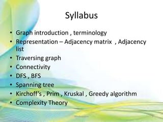 Syllabus
• Graph introduction , terminology
• Representation – Adjacency matrix , Adjacency
list
• Traversing graph
• Connectivity
• DFS , BFS
• Spanning tree
• Kirchoff’s , Prim , Kruskal , Greedy algorithm
• Complexity Theory
5Neofour.com
 