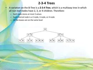 2-3-4 Trees
• A variation on the B-Tree is a 2-3-4 Tree, which is a multiway tree in which
all non-leaf nodes have 2, 3, or 4 children. Therefore:
– Each node stores at most 3 values
– Each internal node is a 2-node, 3-node, or 4-node
– All the leaves are on the same level
69Neofour.com
 