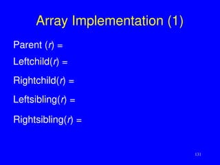 131
Array Implementation (1)
Parent (r) =
Leftchild(r) =
Rightchild(r) =
Leftsibling(r) =
Rightsibling(r) =
 