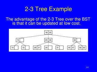 285
2-3 Tree Example
The advantage of the 2-3 Tree over the BST
is that it can be updated at low cost.
 
