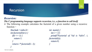 Recursion
Prof. Dr. K. Adisesha
36
Recursion:
The C programming language supports recursion, i.e., a function to call itself.
 The following example calculates the factorial of a given number using a recursive
function −
#include <stdio.h>
int factorial(int i) {
if(i <= 1) {
return 1;
}
return i * factorial(i - 1);
}
int main() {
int i = 12;
printf("Factorial of %d is %dn", i,
factorial(i));
return 0;
}
 