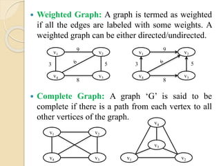  Weighted Graph: A graph is termed as weighted
if all the edges are labeled with some weights. A
weighted graph can be either directed/undirected.
 Complete Graph: A graph ‘G’ is said to be
complete if there is a path from each vertex to all
other vertices of the graph.
v1 v2
v4 v3
v1 v2
v4 v3
9
8
53
9
8
53
v3
v1 v2
v4 v3 v1 v2
v4
 