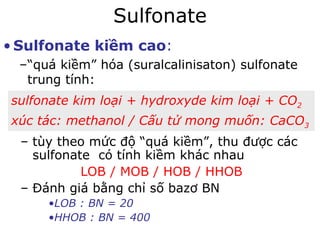 Sulfonate 
•Sulfonate kiềm cao: 
–“quá kiềm” hóa (suralcalinisaton) sulfonate 
trung tính: 
sulfonate kim loại + hydroxyde kim loại + CO2 
xúc tác: methanol / Cấu tử mong muốn: CaCO3 
– tùy theo mức độ “quá kiềm”, thu được các 
sulfonate có tính kiềm khác nhau 
LOB / MOB / HOB / HHOB 
– Đánh giá bằng chỉ số bazơ BN 
•LOB : BN = 20 
•HHOB : BN = 400 
 
