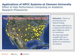 Applications of HPCC Systems at Clemson University Effect of High Performance Computing on Academic Research Productivity 
Motivation: There is a lot of pressure on federal funding 
We propose efficiency as a measure from which to gain insights on return on investment 
We show that locally- available HPC has a positive effect on the ability of a university to do research  