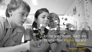 Tell me and I forget. Teach me
and I remember. Involve me and
I LEARN.
“
Benjamin Franklin
 