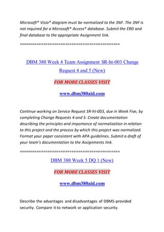 Microsoft® Visio® diagram must be normalized to the 3NF. The 3NF is
not required for a Microsoft® Access® database. Submit the ERD and
final database to the appropriate Assignment link.
==============================================
DBM 380 Week 4 Team Assignment SR-ht-003 Change
Request 4 and 5 (New)
FOR MORE CLASSES VISIT
www.dbm380aid.com
Continue working on Service Request SR-ht-003, due in Week Five, by
completing Change Requests 4 and 5. Create documentation
describing the principles and importance of normalization in relation
to this project and the process by which this project was normalized.
Format your paper consistent with APA guidelines. Submit a draft of
your team’s documentation to the Assignments link.
==============================================
DBM 380 Week 5 DQ 1 (New)
FOR MORE CLASSES VISIT
www.dbm380aid.com
Describe the advantages and disadvantages of DBMS-provided
security. Compare it to network or application security.
 