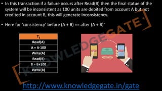 http://www.knowledgegate.in/gate
• In this transaction if a failure occurs after Read(B) then the final statue of the
system will be inconsistent as 100 units are debited from account A but not
credited in account B, this will generate inconsistency.
• Here for ‘consistency’ before (A + B) == after (A + B)”
T1
Read(A)
A = A-100
Write(A)
Read(B)
B = B+100
Write(B)
 