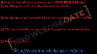 http://www.knowledgegate.in/gate
Q Which of the following is/are correct? (GATE-1999) (1 Marks)
(a) An SQL query automatically eliminates duplicates
(b) An SQL query will not work if there are no indexes on the relations
(c) SQL permits attribute names to be repeated in the same relation
(d) None of the above
 