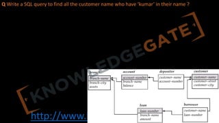 http://www.knowledgegate.in/gate
Q Write a SQL query to find all the customer name who have ‘kumar’ in their name ?
 