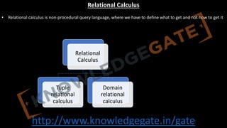 http://www.knowledgegate.in/gate
Relational Calculus
• Relational calculus is non-procedural query language, where we have to define what to get and not how to get it
Relational
Calculus
Tuple
relational
calculus
Domain
relational
calculus
 