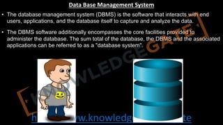 http://www.knowledgegate.in/gate
Data Base Management System
• The database management system (DBMS) is the software that interacts with end
users, applications, and the database itself to capture and analyze the data.
• The DBMS software additionally encompasses the core facilities provided to
administer the database. The sum total of the database, the DBMS and the associated
applications can be referred to as a "database system".
 