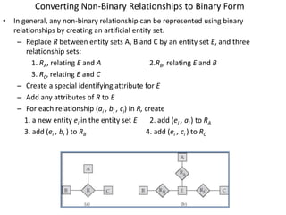 Converting Non-Binary Relationships to Binary Form
• In general, any non-binary relationship can be represented using binary
relationships by creating an artificial entity set.
– Replace R between entity sets A, B and C by an entity set E, and three
relationship sets:
1. RA, relating E and A 2.RB, relating E and B
3. RC, relating E and C
– Create a special identifying attribute for E
– Add any attributes of R to E
– For each relationship (ai , bi , ci) in R, create
1. a new entity ei in the entity set E 2. add (ei , ai ) to RA
3. add (ei , bi ) to RB 4. add (ei , ci ) to RC
 