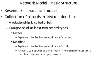 Network Model—Basic Structure
• Resembles hierarchical model
• Collection of records in 1:M relationships
– A relationship is called a Set
– Composed of at least two record types
• Owner
– Equivalent to the hierarchical model’s parent
• Member
– Equivalent to the hierarchical model’s child
– A record can appear as a member in more than one set i.e., a
member may have multiple owners
 