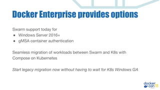 Docker Enterprise provides options
Swarm support today for
● Windows Server 2016+
● gMSA container authentication
Seamless migration of workloads between Swarm and K8s with
Compose on Kubernetes
Start legacy migration now without having to wait for K8s Windows GA
 