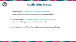 1. Purge module - https://www.drupal.org/project/purge
Clreans external caching systems, reverse proxies and CDNs
2. Varnish purger - https://www.drupal.org/project/varnish_purge
Extension of Purge module to clear Varnish cache
3. Conﬁguration URL: /admin/conﬁg/development/performance/purge
Configuring Drupal
 