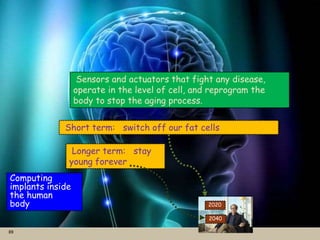 89
Computing
implants inside
the human
body
Sensors and actuators that fight any disease,
operate in the level of cell, and reprogram the
body to stop the aging process.
2020
2040
Short term: switch off our fat cells
Longer term: stay
young forever
 